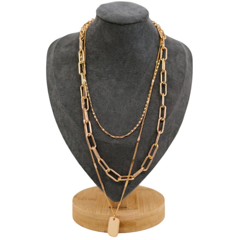 Golden Three-Layer Necklace with Tag Pendant